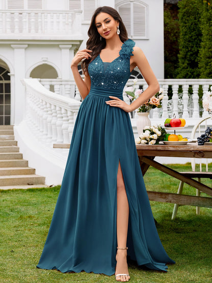Miusol Women's Vintage V-Neck Sleeveless Sequined Split Formal Evening Maxi Dress