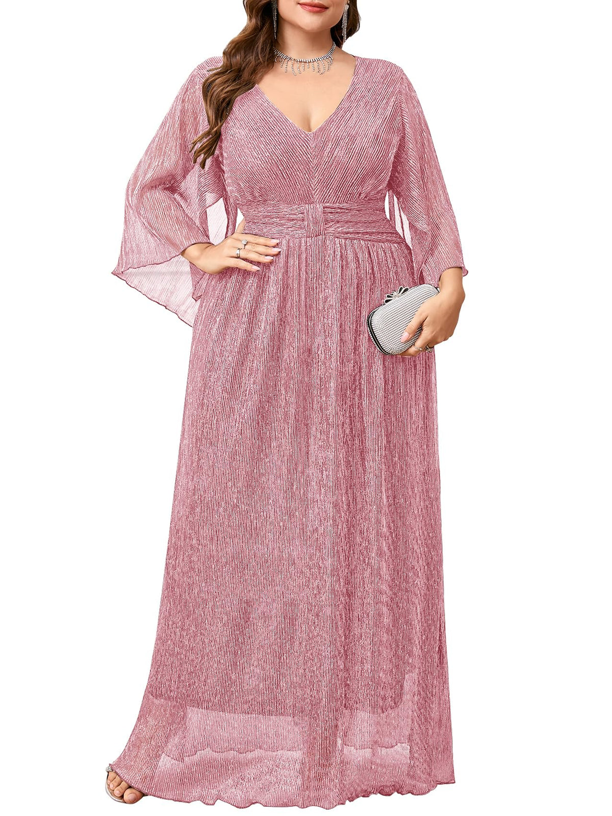 Plus Size Formal Dress Maxi Sparkly V Neck A-line Handkerchief Sleeve Evening Gown Wedding Guest Cocktail Gala