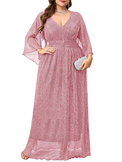 Plus Size Formal Dress Maxi Sparkly V Neck A-line Handkerchief Sleeve Evening Gown Wedding Guest Cocktail Gala