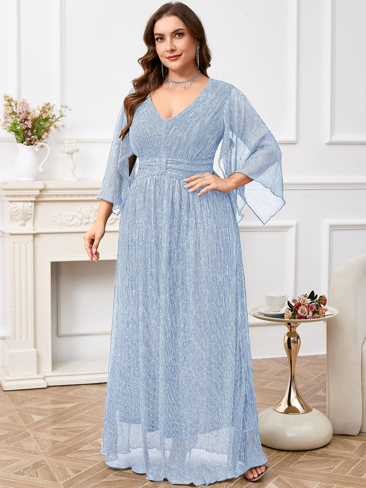 Plus Size Formal Dress Maxi Sparkly V Neck A-line Handkerchief Sleeve Evening Gown Wedding Guest Cocktail Gala