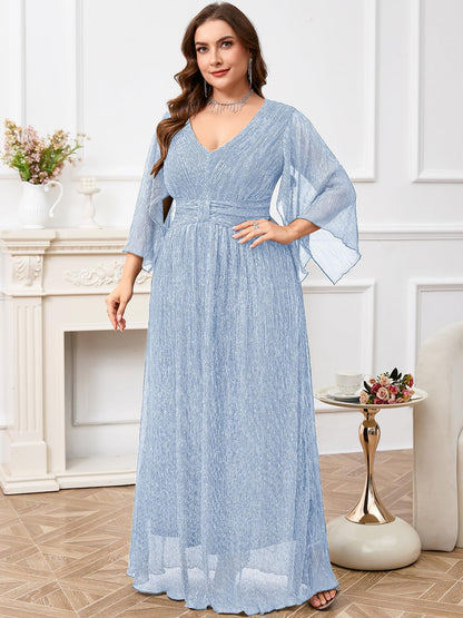 Plus Size Formal Dress Maxi Sparkly V Neck A-line Handkerchief Sleeve Evening Gown Wedding Guest Cocktail Gala