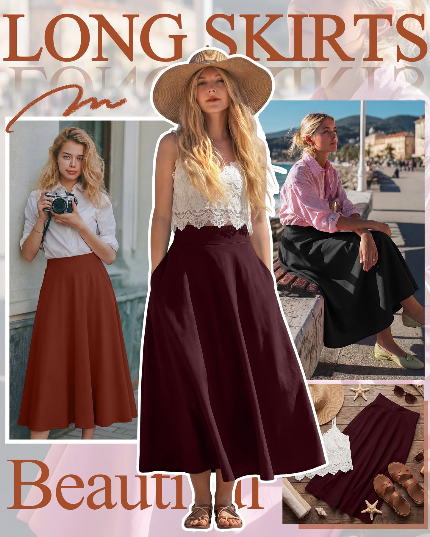 Ficerd 3 Pack Women's Maxi Long Skirts with Pockets, A Line Ankle Length High Waisted Flowy Soft Summer Casual Skirts