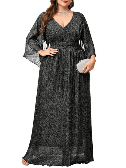 Plus Size Formal Dress Maxi Sparkly V Neck A-line Handkerchief Sleeve Evening Gown Wedding Guest Cocktail Gala