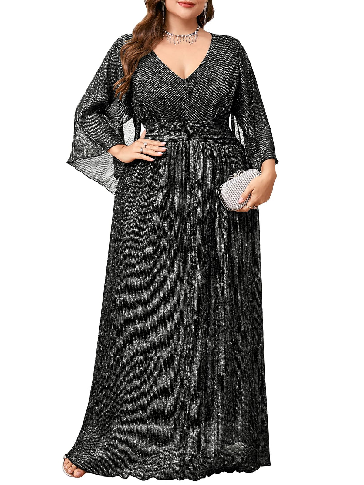 Plus Size Formal Dress Maxi Sparkly V Neck A-line Handkerchief Sleeve Evening Gown Wedding Guest Cocktail Gala