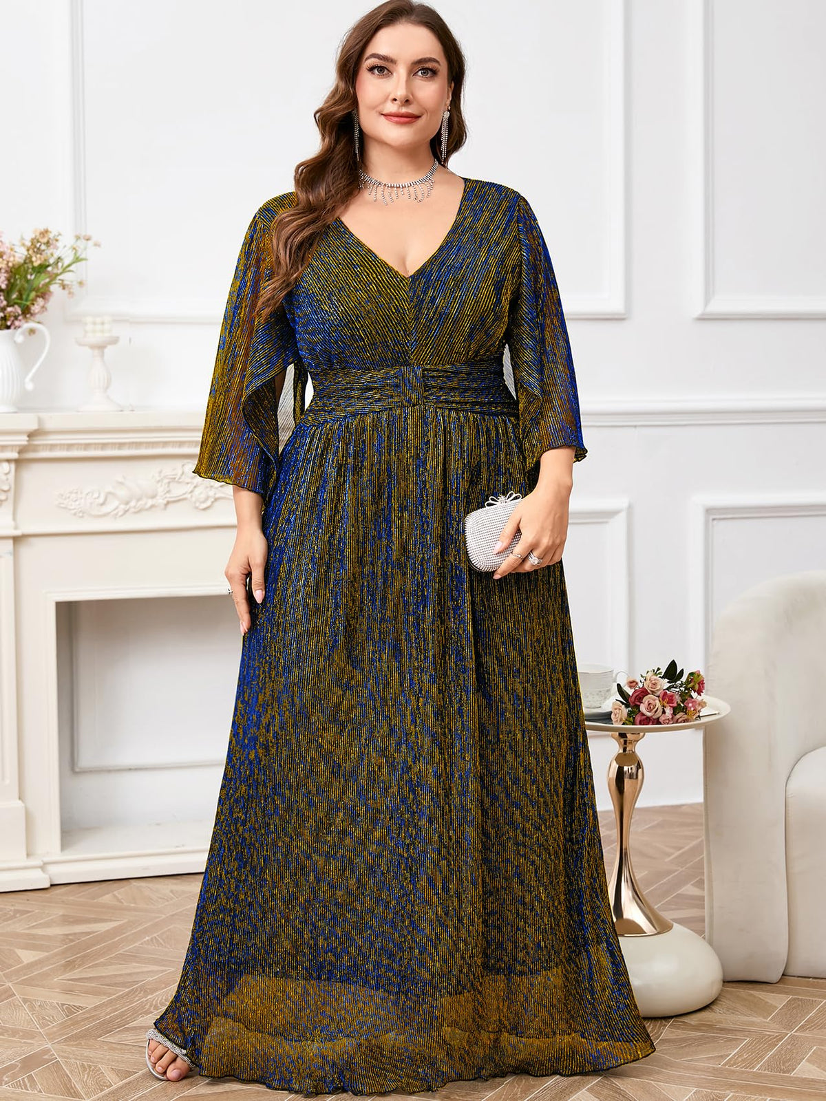 Plus Size Formal Dress Maxi Sparkly V Neck A-line Handkerchief Sleeve Evening Gown Wedding Guest Cocktail Gala