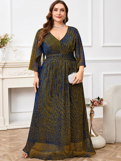 Plus Size Formal Dress Maxi Sparkly V Neck A-line Handkerchief Sleeve Evening Gown Wedding Guest Cocktail Gala