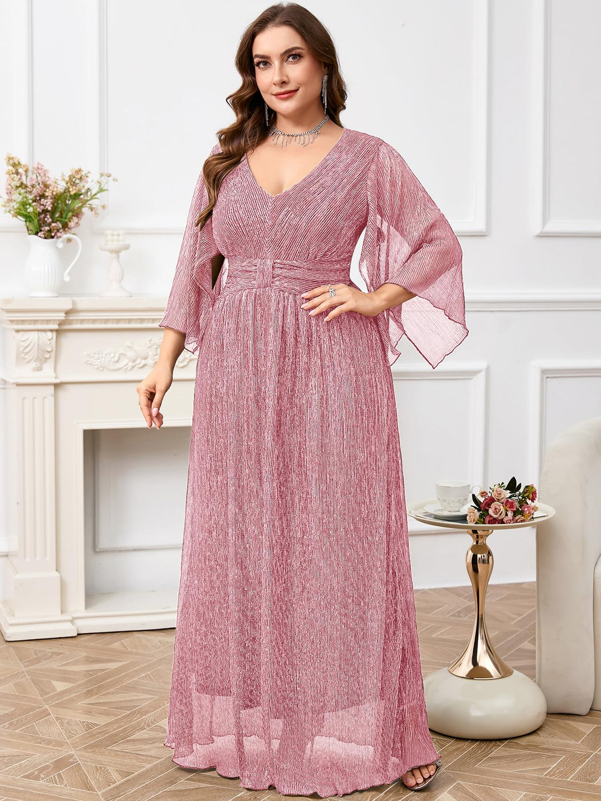 Plus Size Formal Dress Maxi Sparkly V Neck A-line Handkerchief Sleeve Evening Gown Wedding Guest Cocktail Gala
