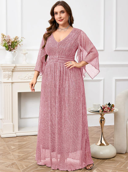 Plus Size Formal Dress Maxi Sparkly V Neck A-line Handkerchief Sleeve Evening Gown Wedding Guest Cocktail Gala