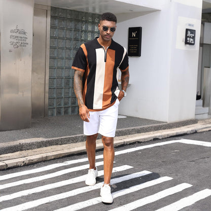 Men's Fashion Polo Shirts Vintage Striped Knitting Shirts Casual Slim Fit Golf Shirts