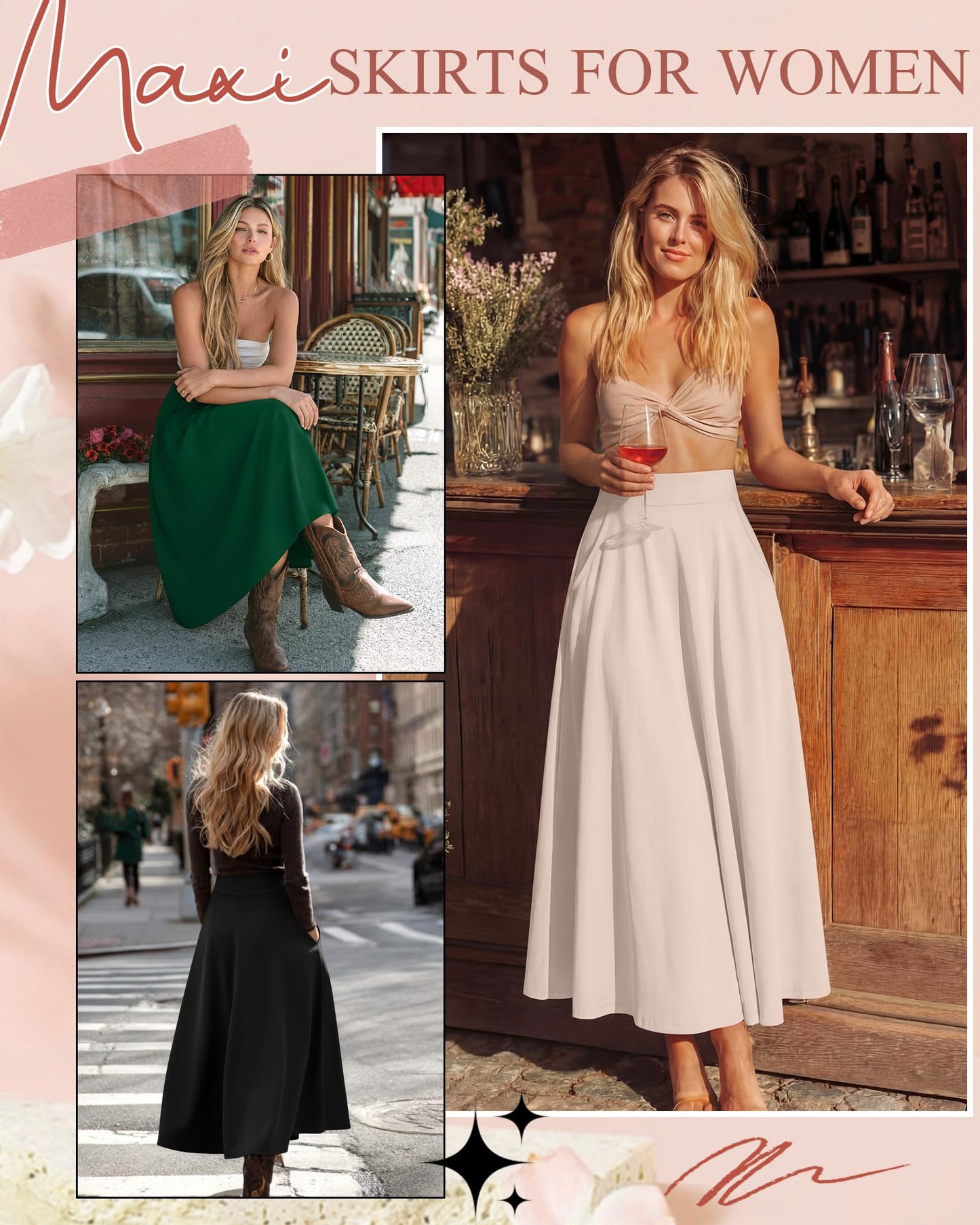 Ficerd 3 Pack Women's Maxi Long Skirts with Pockets, A Line Ankle Length High Waisted Flowy Soft Summer Casual Skirts