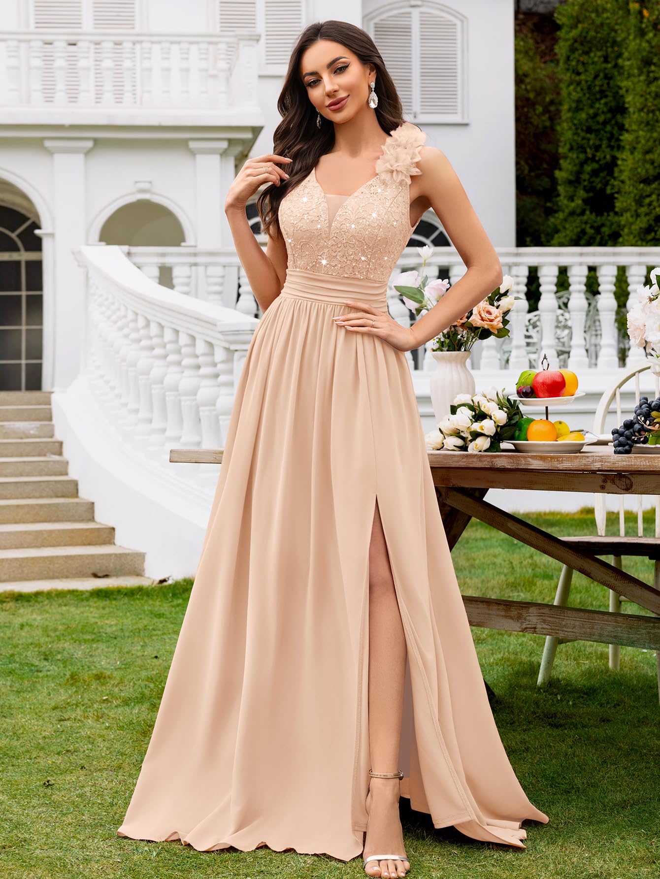 Miusol Women's Vintage V-Neck Sleeveless Sequined Split Formal Evening Maxi Dress