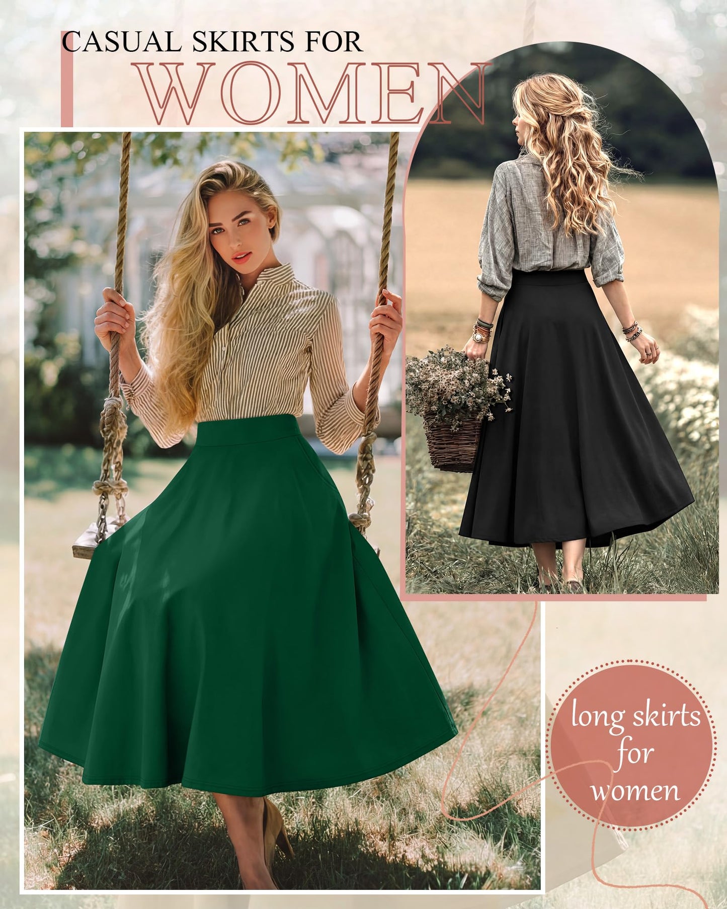 Ficerd 3 Pack Women's Maxi Long Skirts with Pockets, A Line Ankle Length High Waisted Flowy Soft Summer Casual Skirts