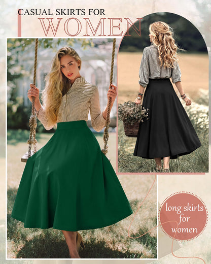 Ficerd 3 Pack Women's Maxi Long Skirts with Pockets, A Line Ankle Length High Waisted Flowy Soft Summer Casual Skirts