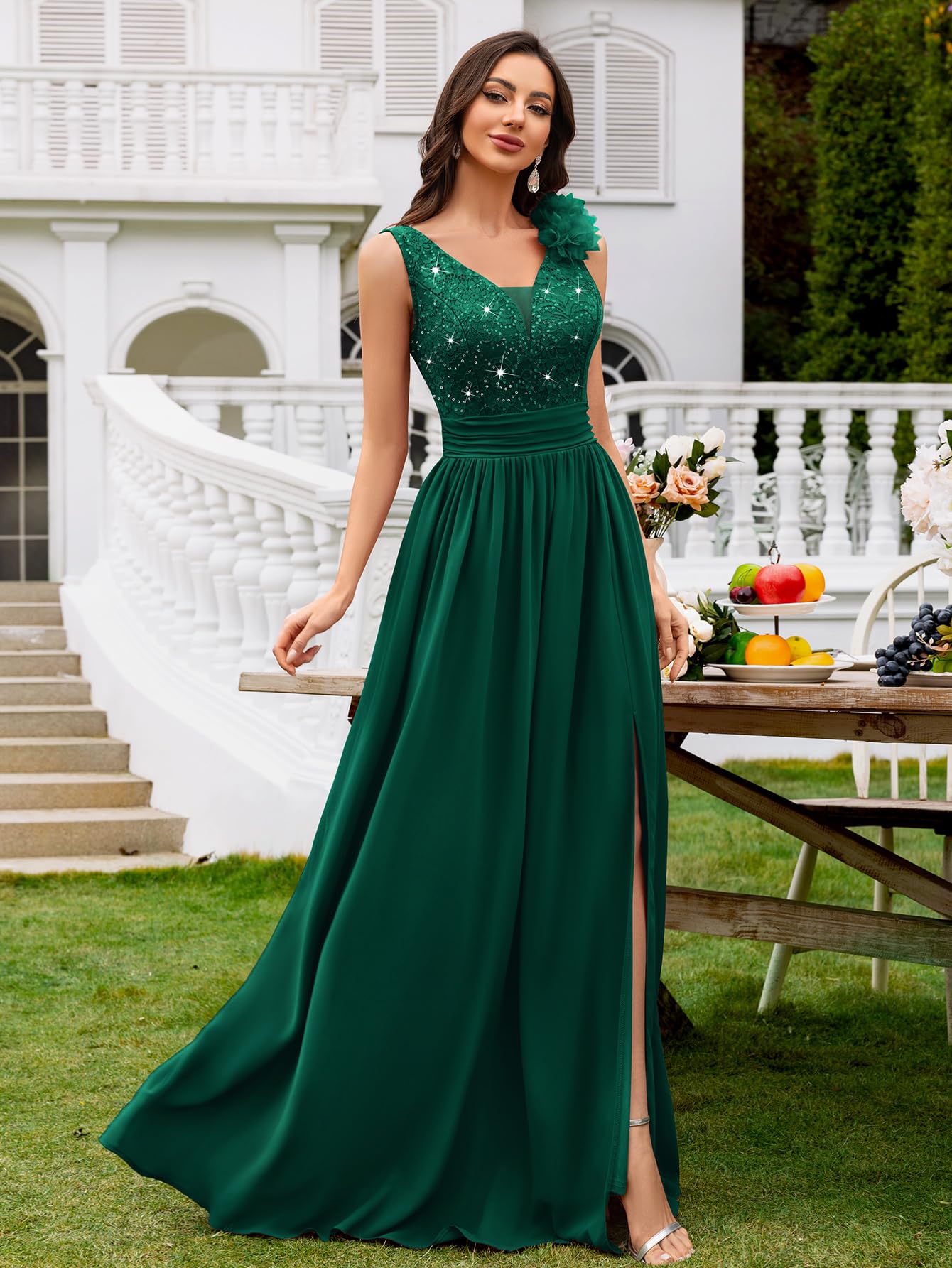 Miusol Women's Vintage V-Neck Sleeveless Sequined Split Formal Evening Maxi Dress