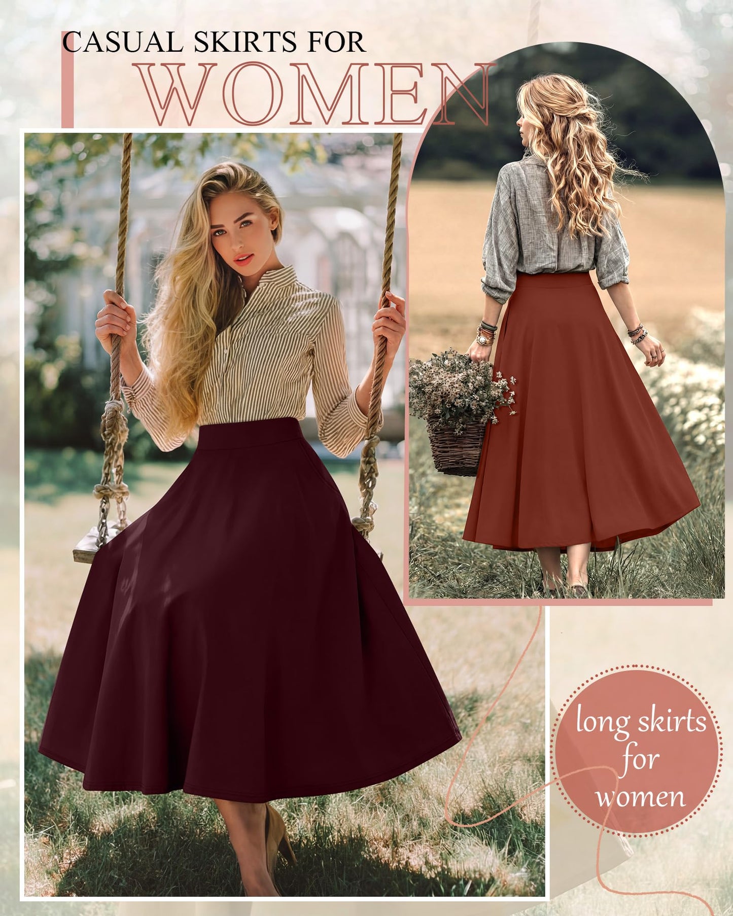 Ficerd 3 Pack Women's Maxi Long Skirts with Pockets, A Line Ankle Length High Waisted Flowy Soft Summer Casual Skirts