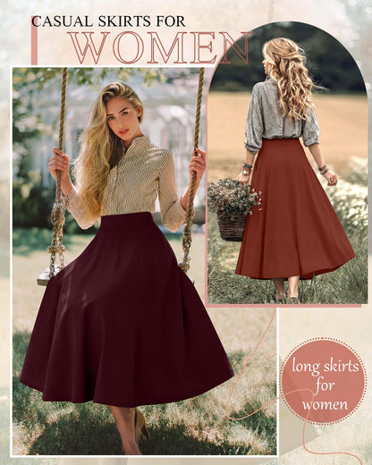 Ficerd 3 Pack Women's Maxi Long Skirts with Pockets, A Line Ankle Length High Waisted Flowy Soft Summer Casual Skirts