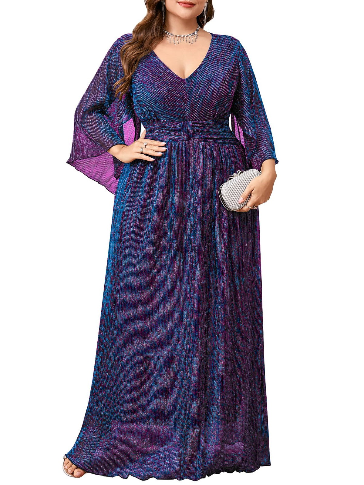 Plus Size Formal Dress Maxi Sparkly V Neck A-line Handkerchief Sleeve Evening Gown Wedding Guest Cocktail Gala