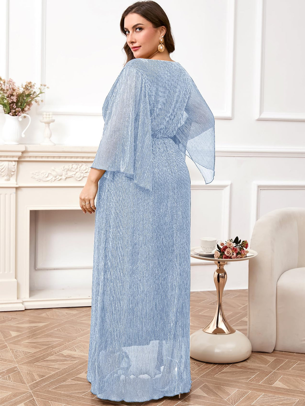 Plus Size Formal Dress Maxi Sparkly V Neck A-line Handkerchief Sleeve Evening Gown Wedding Guest Cocktail Gala