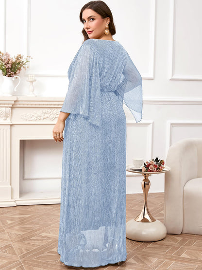 Plus Size Formal Dress Maxi Sparkly V Neck A-line Handkerchief Sleeve Evening Gown Wedding Guest Cocktail Gala