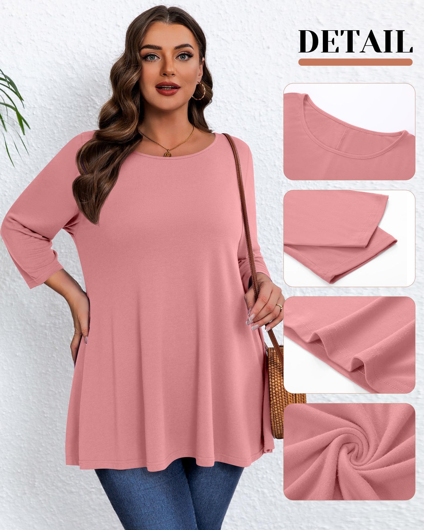 Evervibe 3 Pack Plus Size Tunic Tops for Curvy Women 3/4 Sleeve Shirts Loose Spring Casual Swing Flare Blouses with Leggings