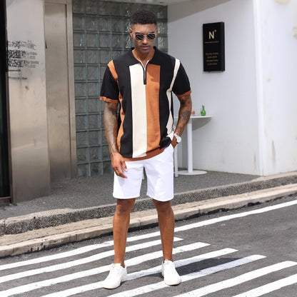Men's Fashion Polo Shirts Vintage Striped Knitting Shirts Casual Slim Fit Golf Shirts