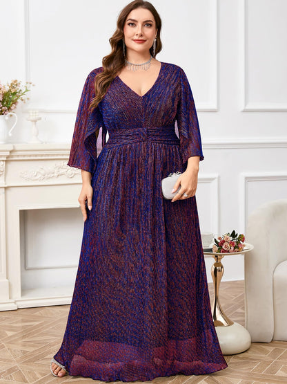 Plus Size Formal Dress Maxi Sparkly V Neck A-line Handkerchief Sleeve Evening Gown Wedding Guest Cocktail Gala