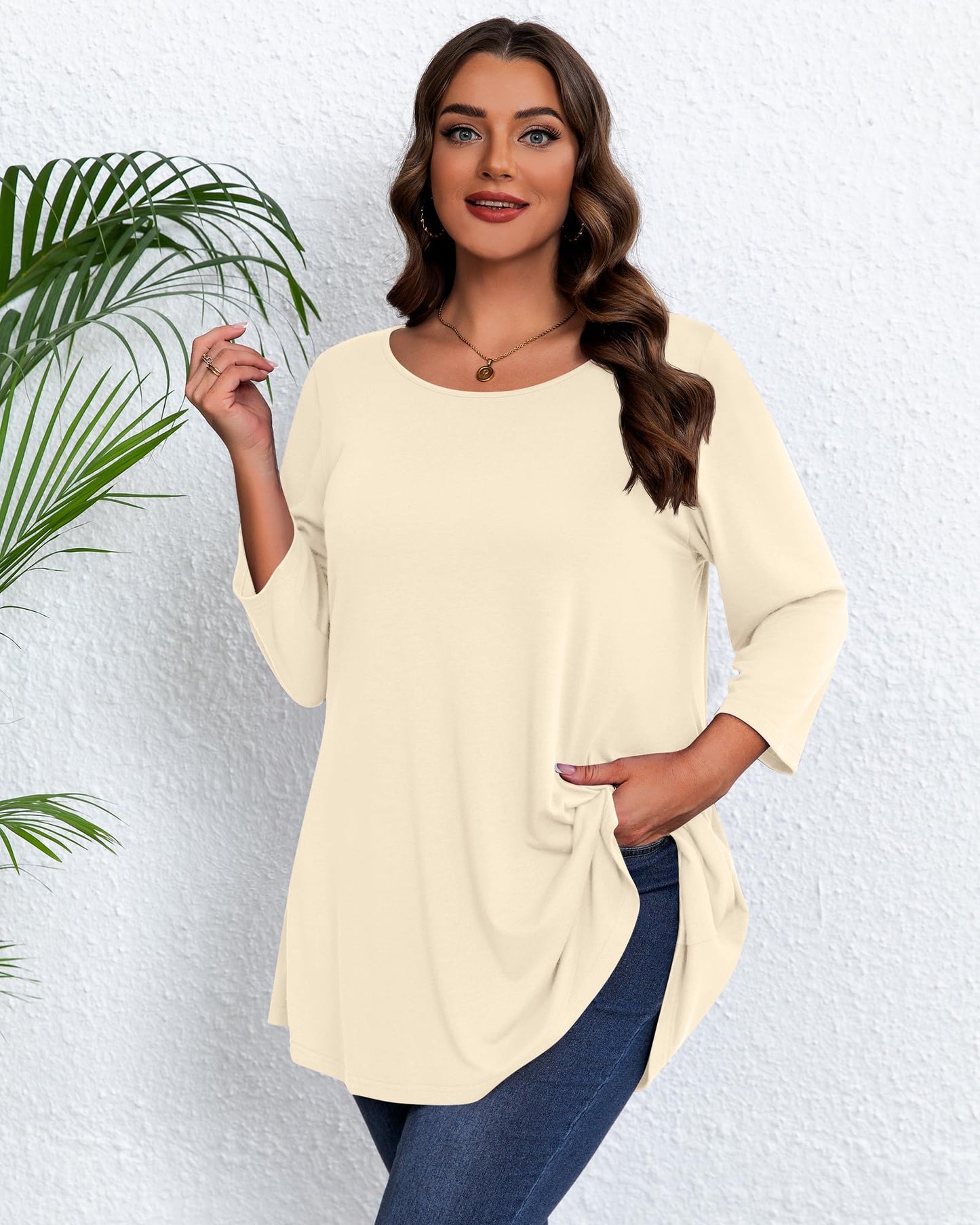 Evervibe 3 Pack Plus Size Tunic Tops for Curvy Women 3/4 Sleeve Shirts Loose Spring Casual Swing Flare Blouses with Leggings