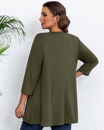 Evervibe 3 Pack Plus Size Tunic Tops for Curvy Women 3/4 Sleeve Shirts Loose Spring Casual Swing Flare Blouses with Leggings