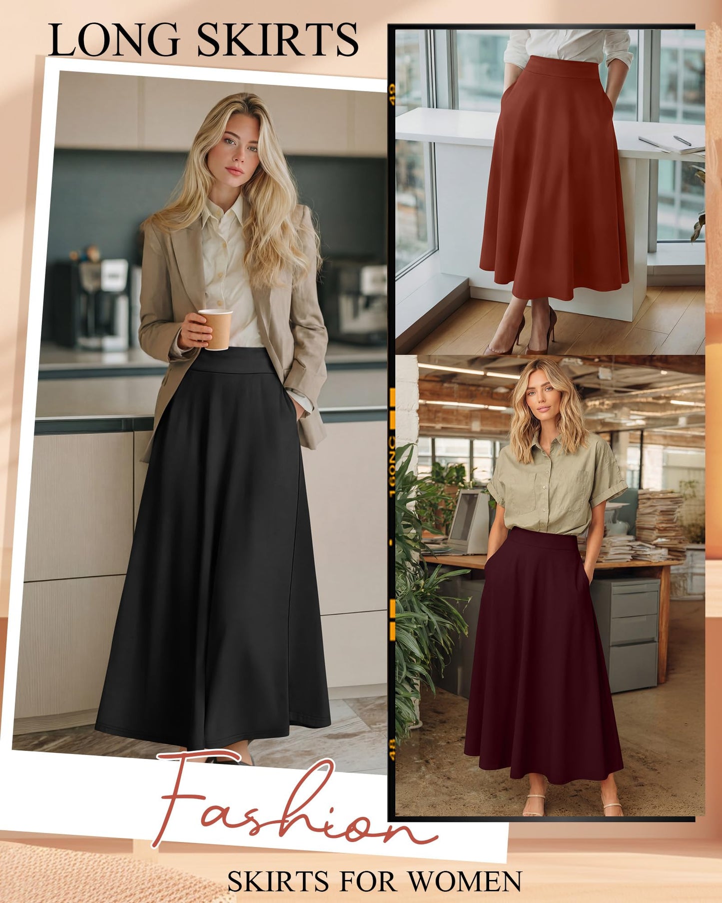 Ficerd 3 Pack Women's Maxi Long Skirts with Pockets, A Line Ankle Length High Waisted Flowy Soft Summer Casual Skirts