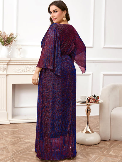 Plus Size Formal Dress Maxi Sparkly V Neck A-line Handkerchief Sleeve Evening Gown Wedding Guest Cocktail Gala