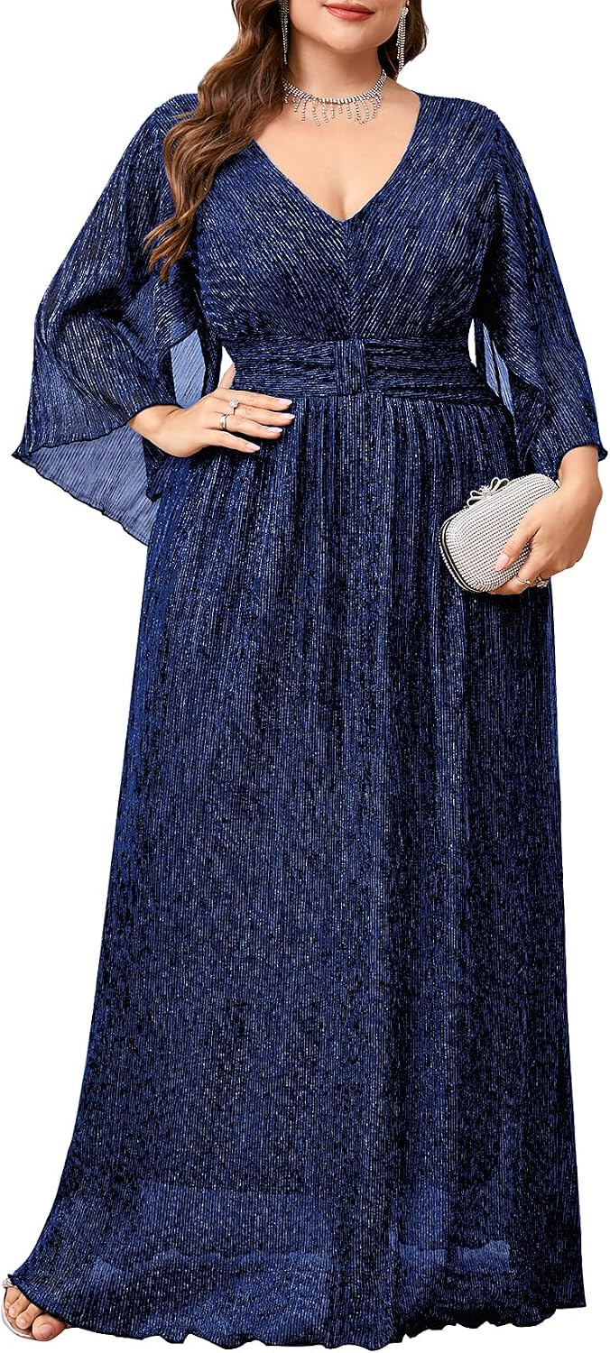Plus Size Formal Dress Maxi Sparkly V Neck A-line Handkerchief Sleeve Evening Gown Wedding Guest Cocktail Gala