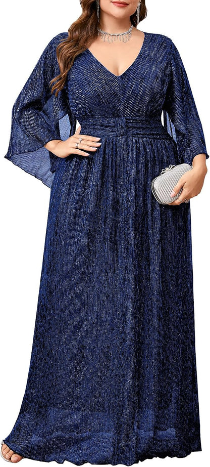 Plus Size Formal Dress Maxi Sparkly V Neck A-line Handkerchief Sleeve Evening Gown Wedding Guest Cocktail Gala