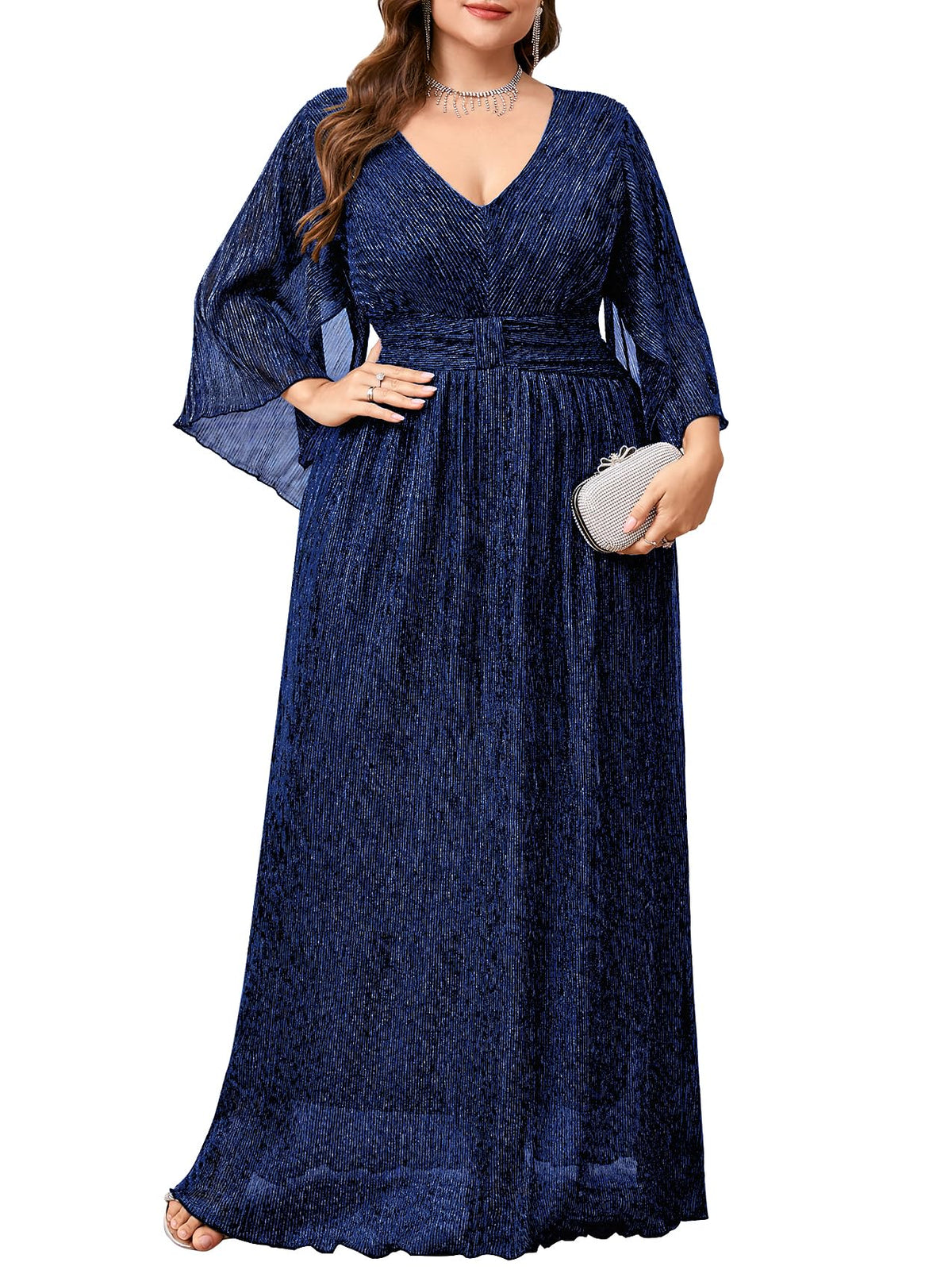 Plus Size Formal Dress Maxi Sparkly V Neck A-line Handkerchief Sleeve Evening Gown Wedding Guest Cocktail Gala