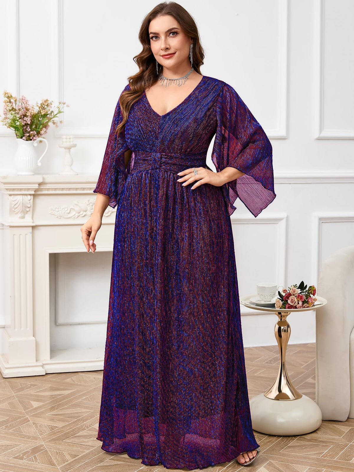 Plus Size Formal Dress Maxi Sparkly V Neck A-line Handkerchief Sleeve Evening Gown Wedding Guest Cocktail Gala