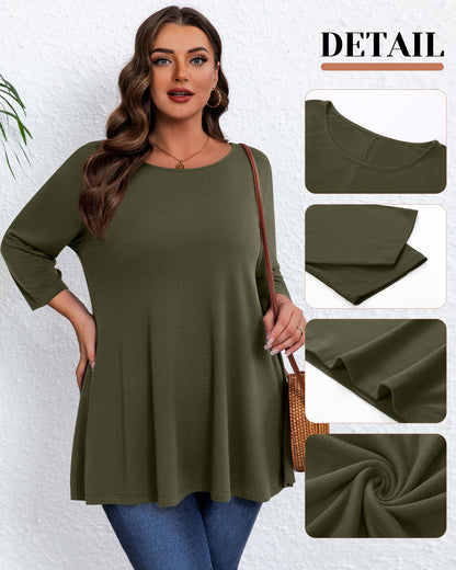 Evervibe 3 Pack Plus Size Tunic Tops for Curvy Women 3/4 Sleeve Shirts Loose Spring Casual Swing Flare Blouses with Leggings