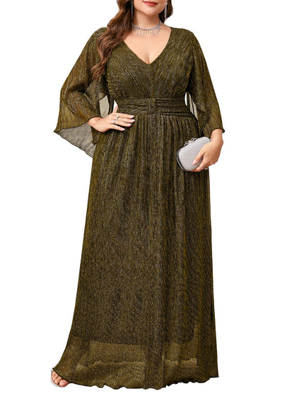 Plus Size Formal Dress Maxi Sparkly V Neck A-line Handkerchief Sleeve Evening Gown Wedding Guest Cocktail Gala