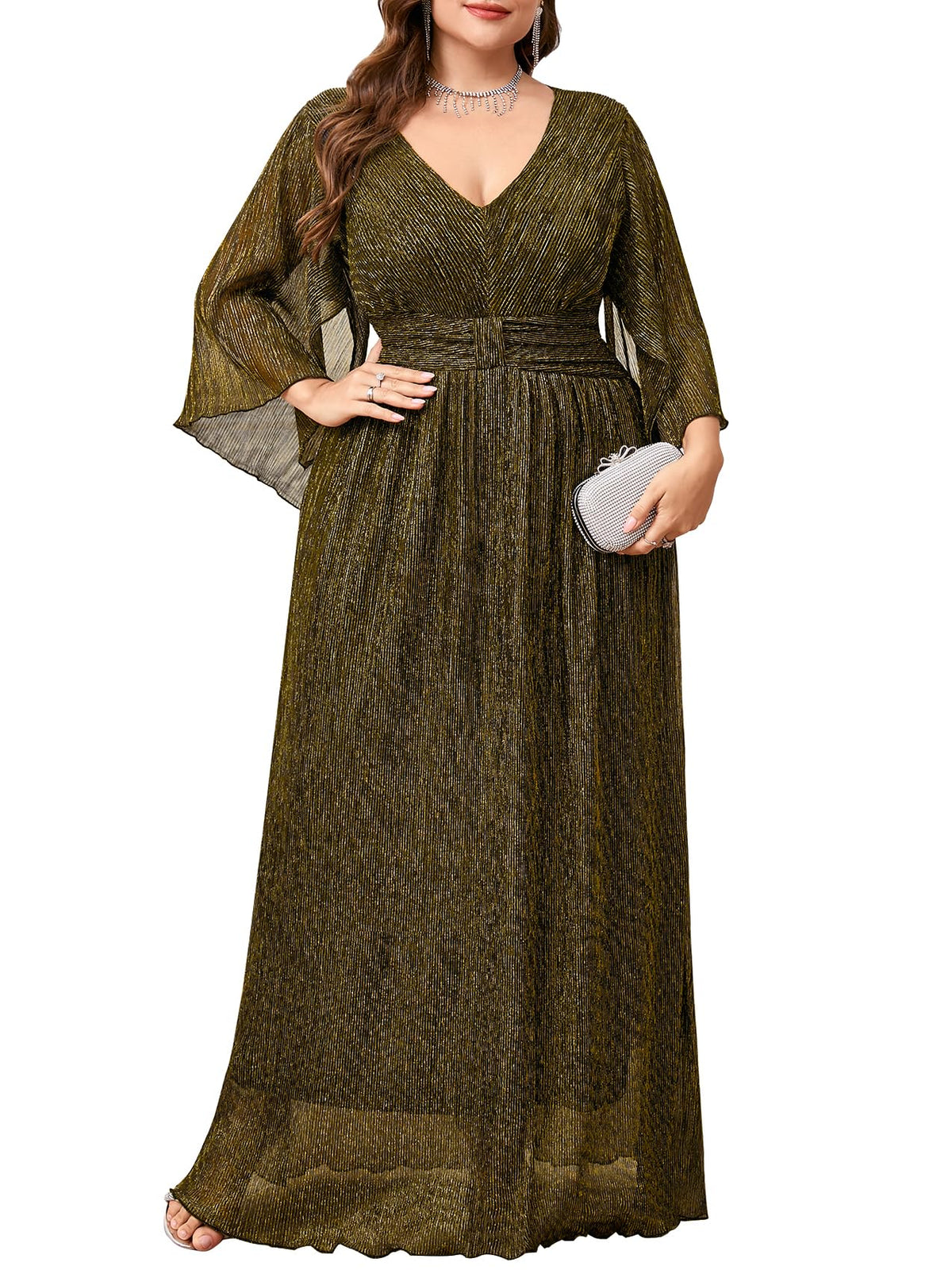 Plus Size Formal Dress Maxi Sparkly V Neck A-line Handkerchief Sleeve Evening Gown Wedding Guest Cocktail Gala