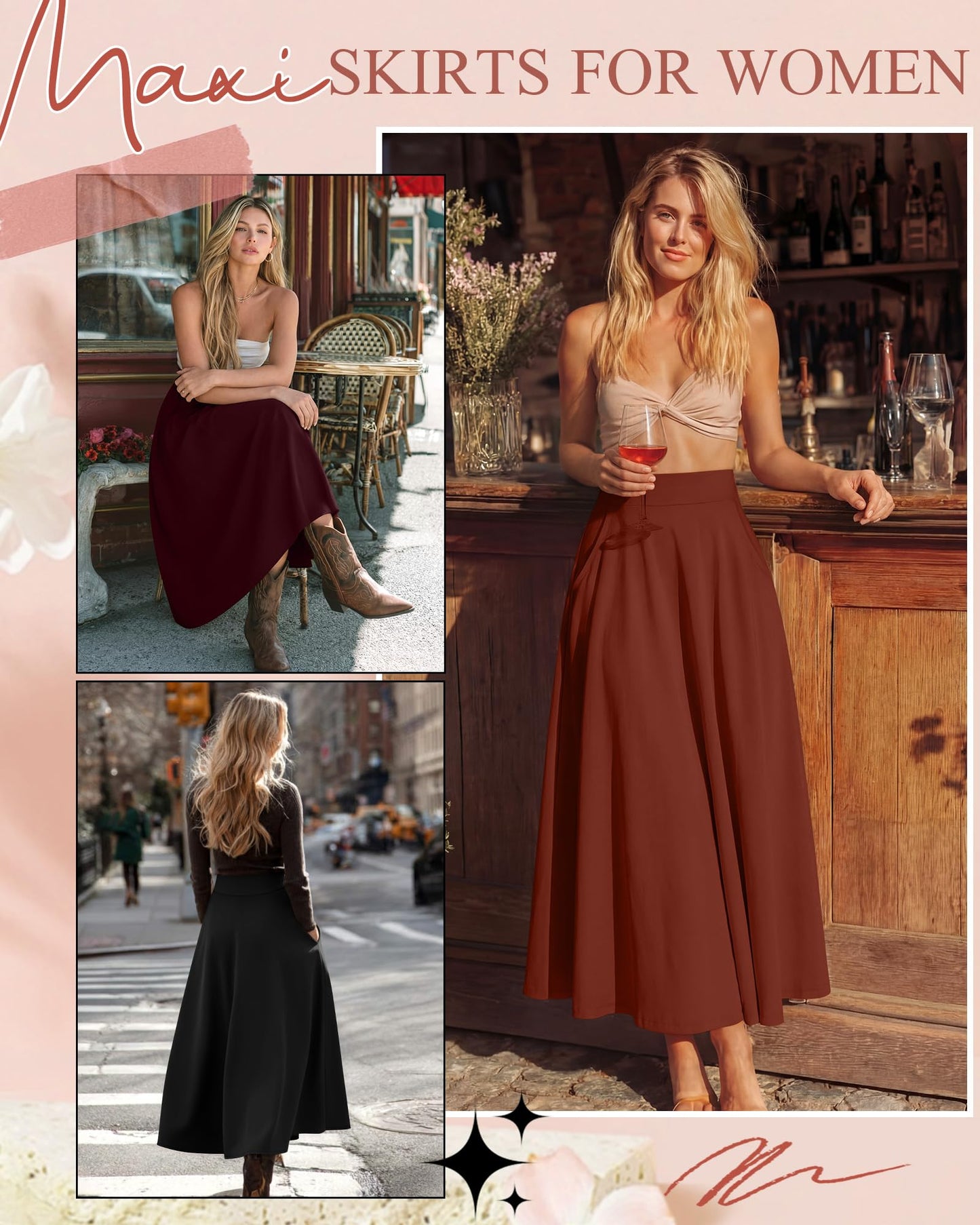 Ficerd 3 Pack Women's Maxi Long Skirts with Pockets, A Line Ankle Length High Waisted Flowy Soft Summer Casual Skirts