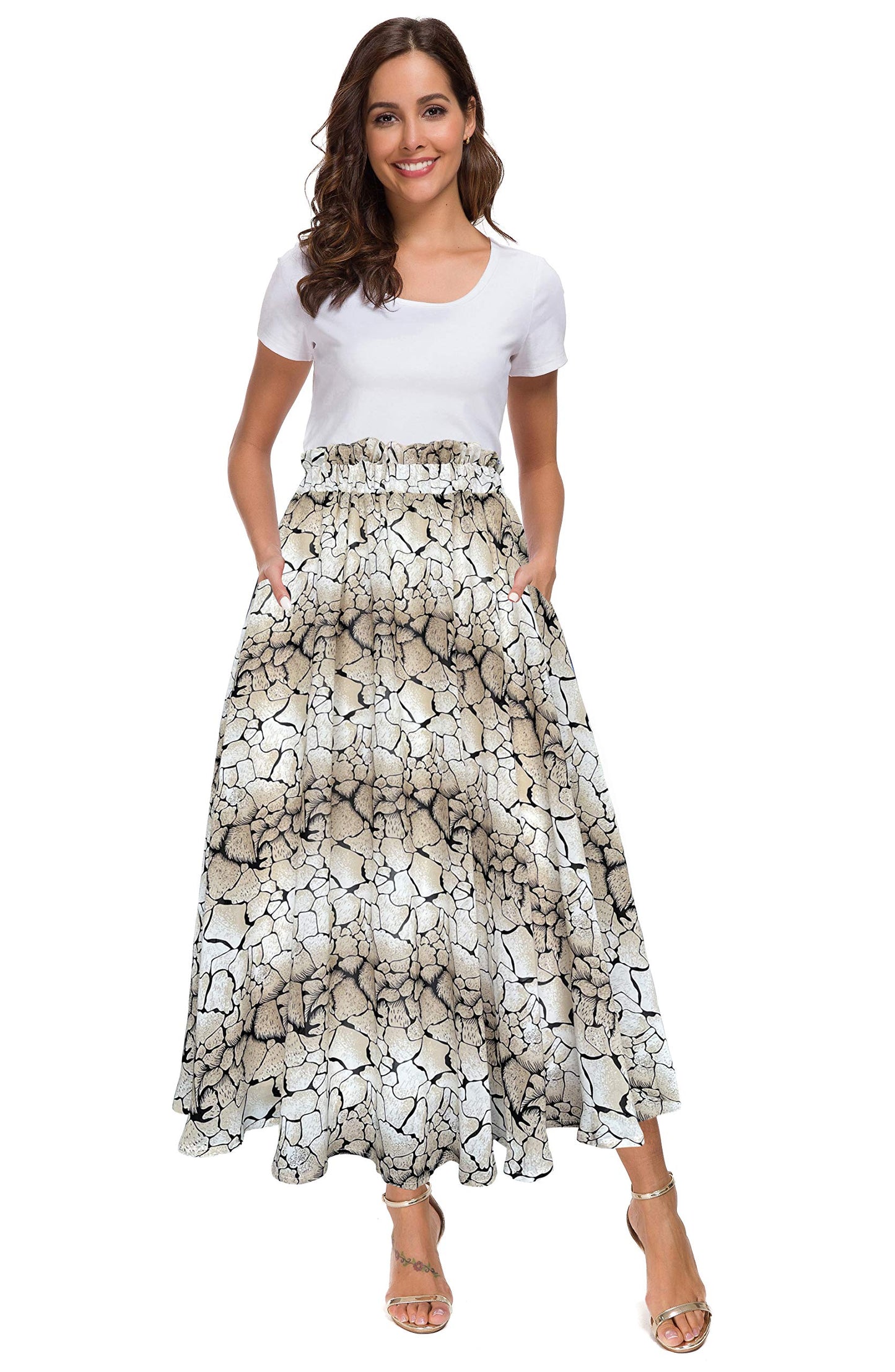 Afibi Women High Waist Floral Print Swing Chiffon Beach Midi Long Skirt with Pockets