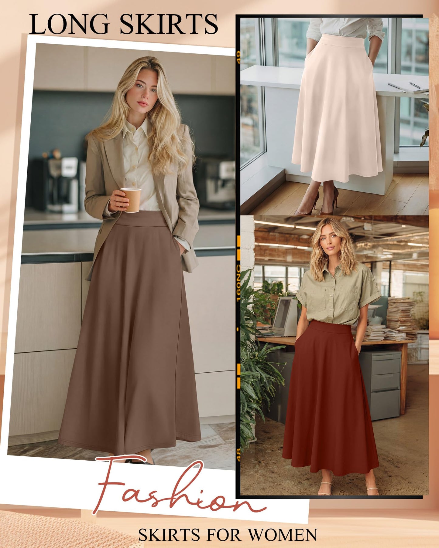 Ficerd 3 Pack Women's Maxi Long Skirts with Pockets, A Line Ankle Length High Waisted Flowy Soft Summer Casual Skirts