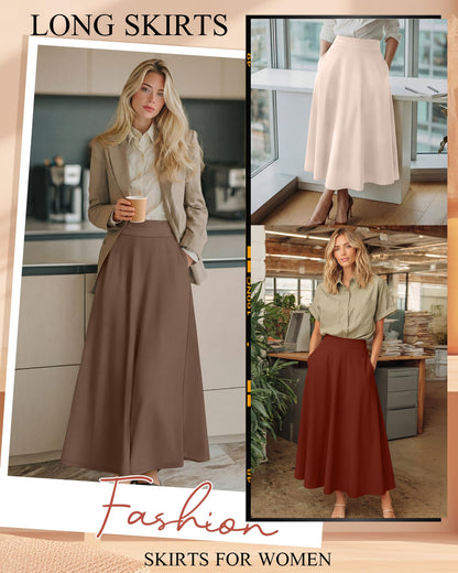 Ficerd 3 Pack Women's Maxi Long Skirts with Pockets, A Line Ankle Length High Waisted Flowy Soft Summer Casual Skirts