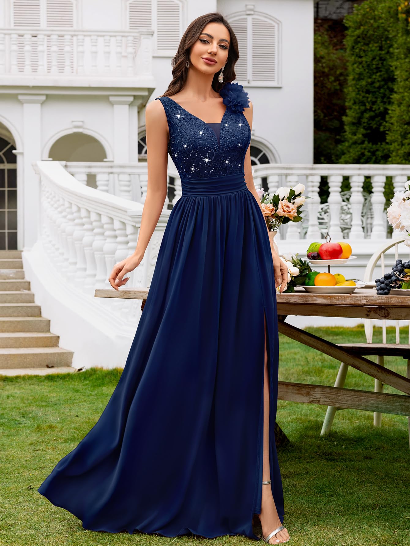 Miusol Women's Vintage V-Neck Sleeveless Sequined Split Formal Evening Maxi Dress