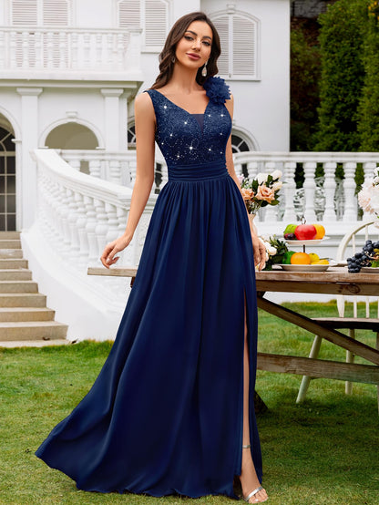 Miusol Women's Vintage V-Neck Sleeveless Sequined Split Formal Evening Maxi Dress