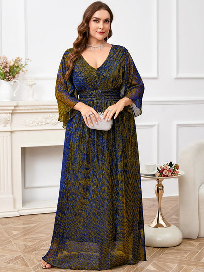 Plus Size Formal Dress Maxi Sparkly V Neck A-line Handkerchief Sleeve Evening Gown Wedding Guest Cocktail Gala
