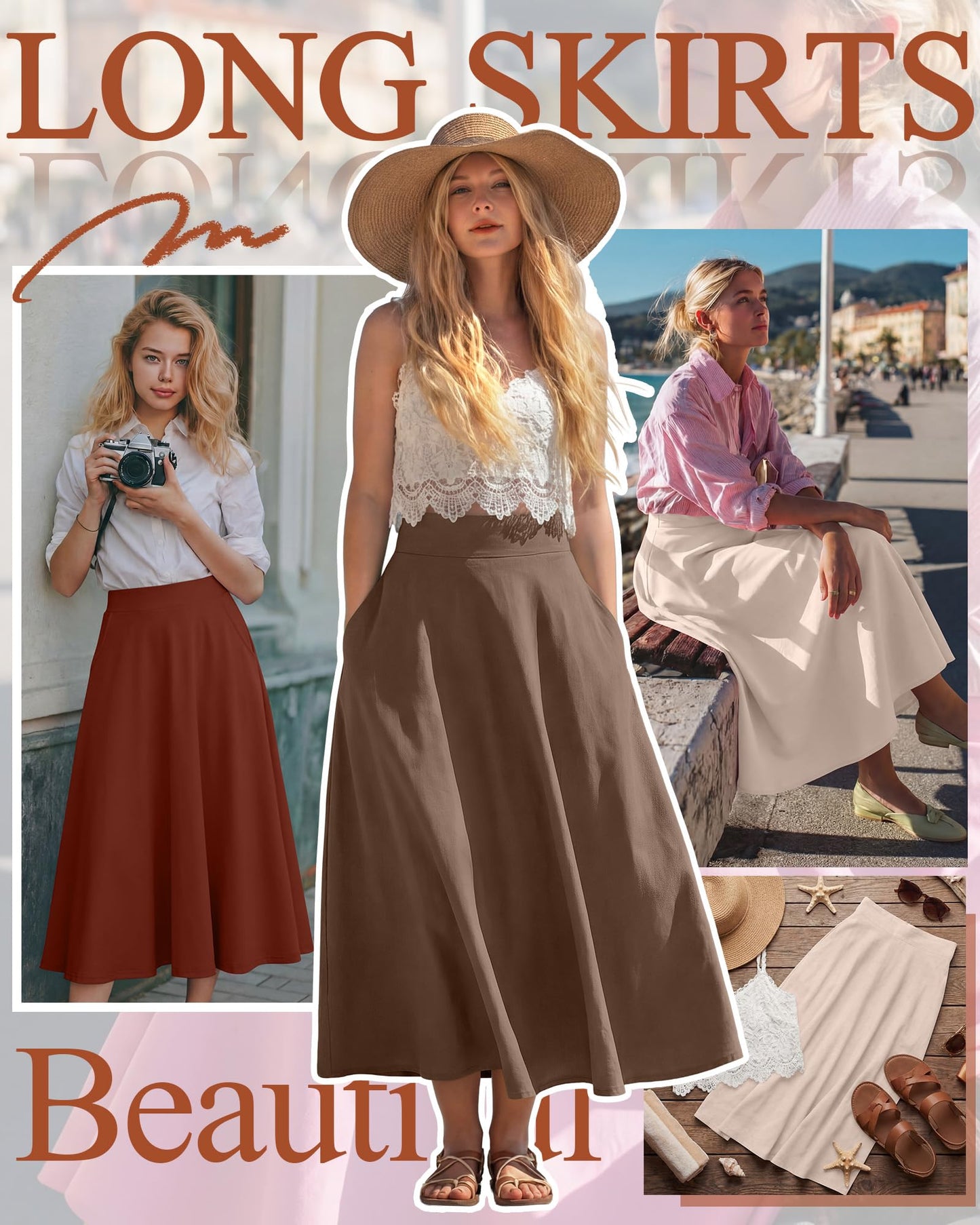 Ficerd 3 Pack Women's Maxi Long Skirts with Pockets, A Line Ankle Length High Waisted Flowy Soft Summer Casual Skirts