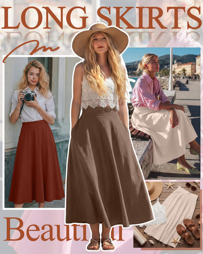 Ficerd 3 Pack Women's Maxi Long Skirts with Pockets, A Line Ankle Length High Waisted Flowy Soft Summer Casual Skirts
