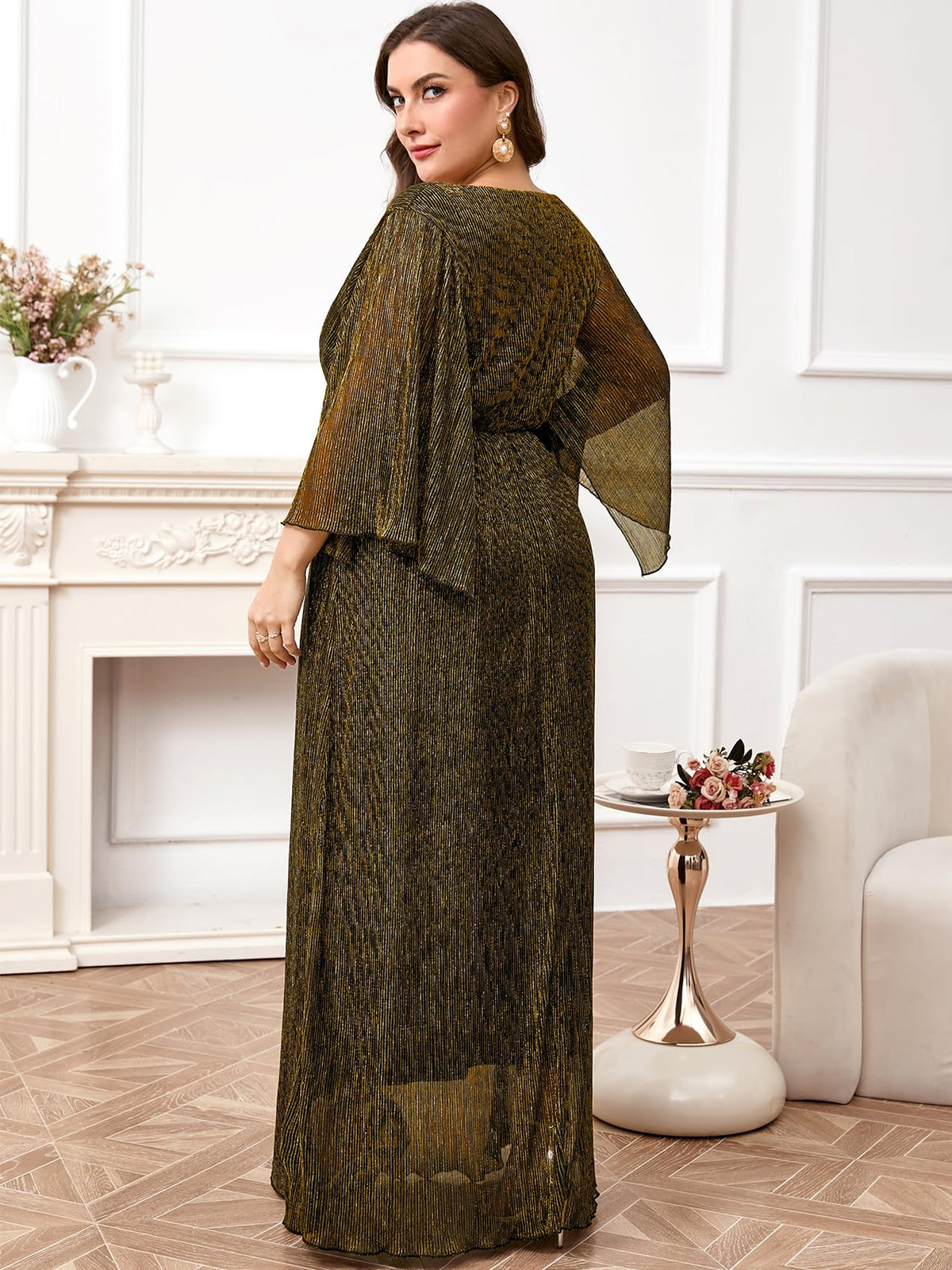Plus Size Formal Dress Maxi Sparkly V Neck A-line Handkerchief Sleeve Evening Gown Wedding Guest Cocktail Gala