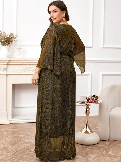 Plus Size Formal Dress Maxi Sparkly V Neck A-line Handkerchief Sleeve Evening Gown Wedding Guest Cocktail Gala