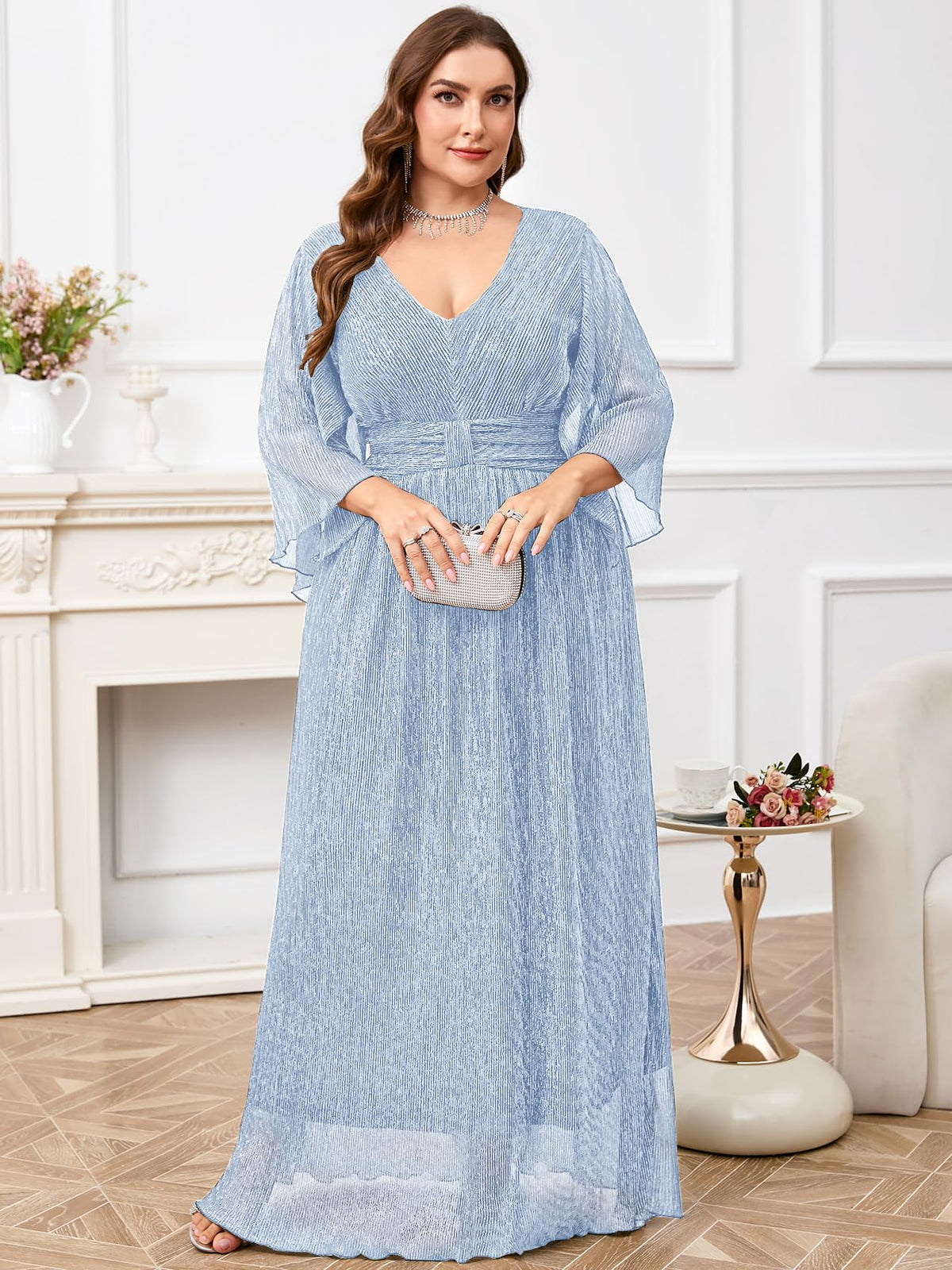 Plus Size Formal Dress Maxi Sparkly V Neck A-line Handkerchief Sleeve Evening Gown Wedding Guest Cocktail Gala