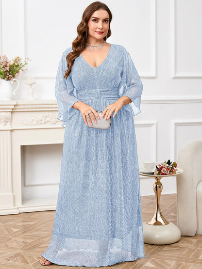 Plus Size Formal Dress Maxi Sparkly V Neck A-line Handkerchief Sleeve Evening Gown Wedding Guest Cocktail Gala